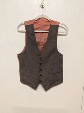 Brown Textured Reversible Suit Vest With Satin Back, Size M